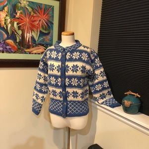 Blue & White Norwegian Snowflake Hand Knit Wool Cardigan Sweater / M - L